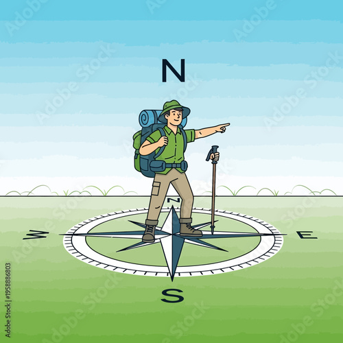 Adventurer Stands Atop Compass Rose Pointing Forward With Determination