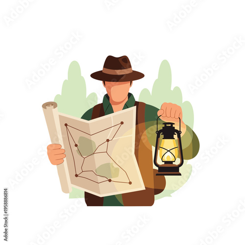 Adventurer Studying Ancient Map With Lantern Guide To Uncover Hidden Treasures