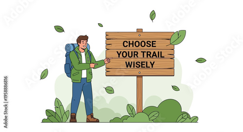 Adventurer Points To Sign Encouraging Wise Trail Selection For Outdoor Exploration