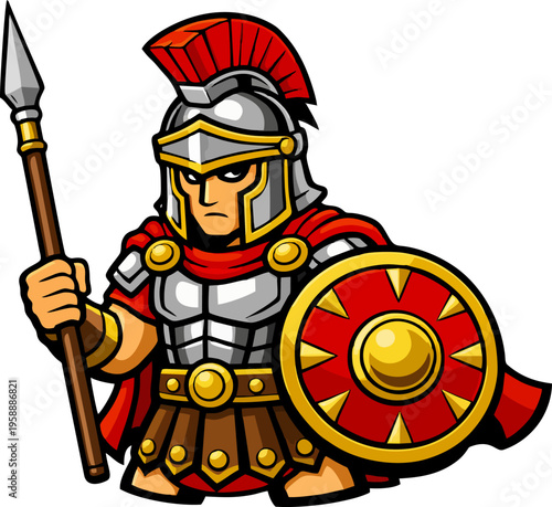 Cartoon Roman Gladiator Spartan Warrior with Spear Shield Red Plume Helmet Armor