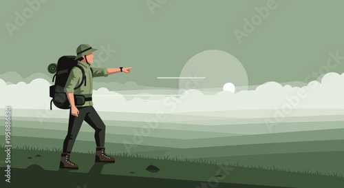 Adventurer Points Towards Distant Horizon In Serene Landscape