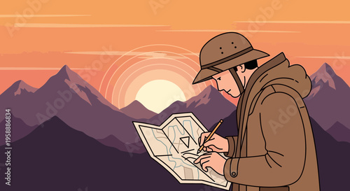 Adventurer Studying Map Amidst Mountain Sunset Adventure Planning And Exploration