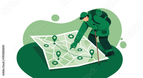 Adventurer Studying Detailed Map Planning Expedition Route With Trekking Pole