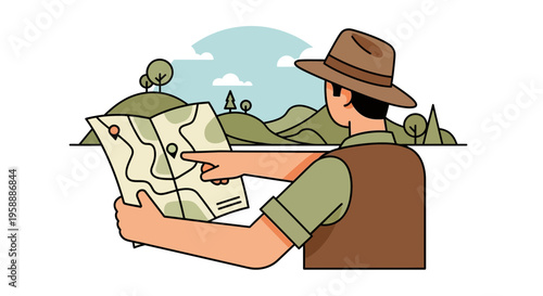 Adventurer Studying Map In Scenic Rolling Hills Landscape