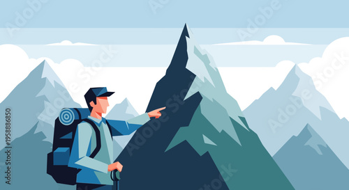 Adventurer Points Towards Majestic Mountain Peak Summit Journey Concept