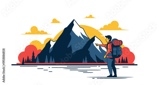 Adventurer Points Towards Majestic Snowy Mountain Peak During Sunset