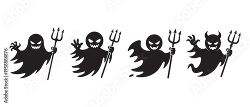 Four spooky black silhouette ghosts with tridents, one with devil horns, on a white background.