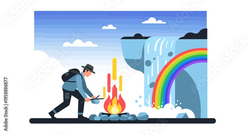 Adventurer Tending Campfire By Rainbow Waterfall Scene