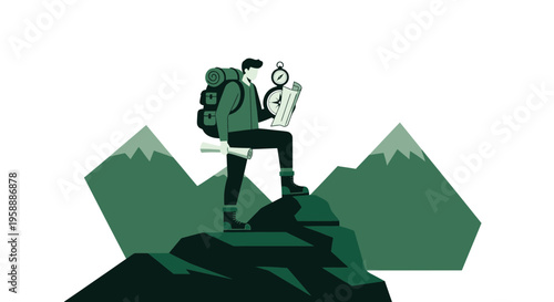 Adventurer Summiting Peaks With Map And Compass Triumphantly Standing On Rocky Outcrop