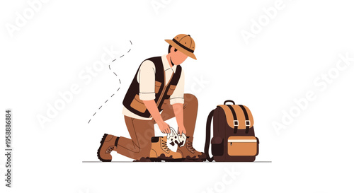 Adventurer Prepares For Expedition Securing Hiking Boots And Backpack