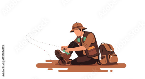 Adventurer Prepares For Expedition Tying Hiking Boots