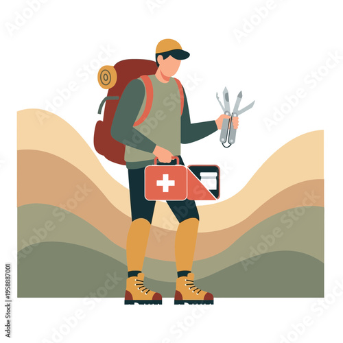 Adventurer With First Aid Kit And Multi Tool Ready For Wilderness Exploration