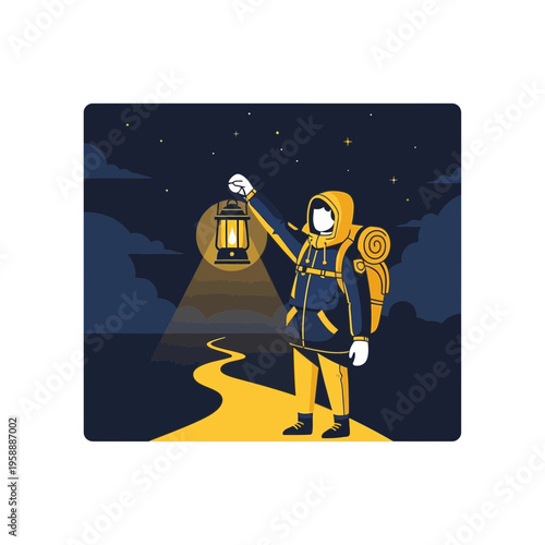 Adventurer With Lantern Illuminating Path Through Starry Night Landscape