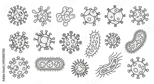 A set of various virus and bacteria illustrations in a minimalist line art style for medical or scientific use