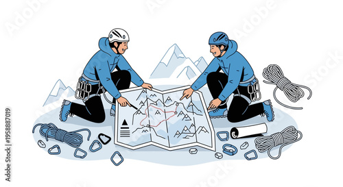 Adventurers Strategizing Mountain Expedition On Detailed Terrain Map