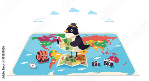 Adventures Await A Charming Penguin Plans A Global Expedition With Maps And Gear