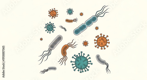 A colorful vector illustration of various bacteria and viruses for educational or medical use