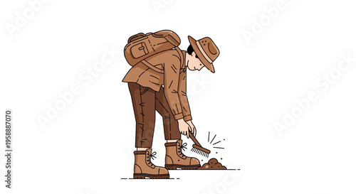 Adventurous Archaeologist Excavating Ancient Ground With Brush And Backpack
