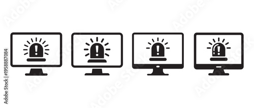 Monitor alert icon set. showing siren and exclamation mark on computer screens for security warning.
