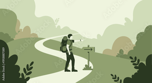 Adventurous Backpacker Navigates Winding Path Towards Distant Horizon