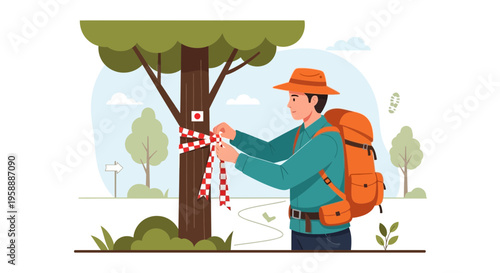Adventurous Backpacker Creates Trail Marker In A Peaceful Forest Setting