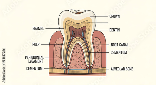 A detailed vector illustration of a tooth anatomy diagram showing its various labeled parts