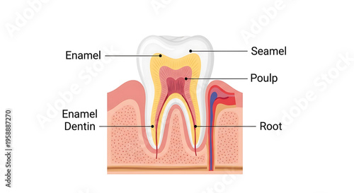 A detailed vector graphic illustration of a tooth anatomy, showing enamel, dentin, pulp, and root