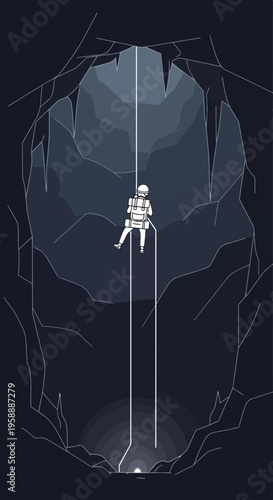 Adventurous Cave Descent With Climber Suspended On Rope Abyss