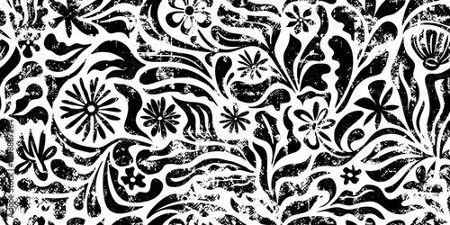 Decorative floral leaf and flowers seamless pattern, grunge texture, isolated on white background, vector design