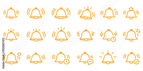 Notification bell icon set. Incoming inbox message. Ringing bell, reminder or subscriber sign for apps, smartphone, alarm alert.