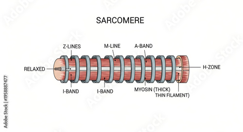 A detailed illustration of a sarcomere, the functional unit of striated muscle tissue, showing its various components.