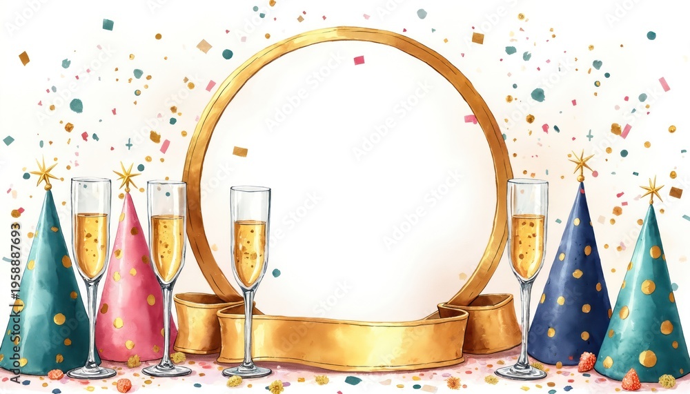 Fototapeta premium Festive watercolor background with champagne flutes, party hats, and falling confetti. Golden circle frame with ribbon for text. Celebrate New Year, holidays, birthdays or any special event.