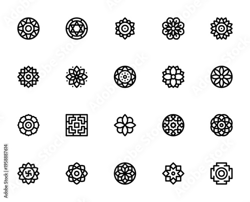 Mandala icon set. 20 unique mandala vector illustrations. Spiritual symbols pack for design, meditation, yoga, tattoo, decoration and more. Editable stroke.