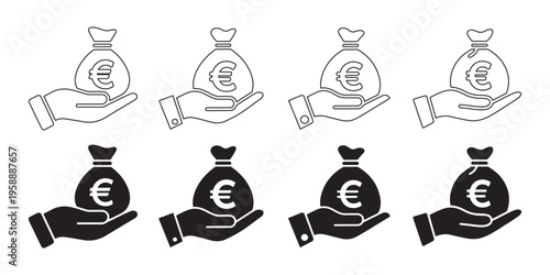 Hand holding euro money bag icon set. in outline and solid style for finance and banking.