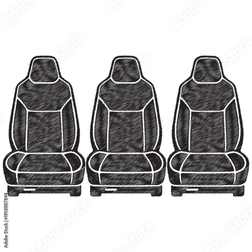 Three black car seats with white outlines on white background automotive interior