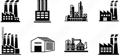 Industrial factory icons, manufacturing plant vector, refinery silhouette design, warehouse illustration, production facility graphic, smokestack art, piping system infrastructure