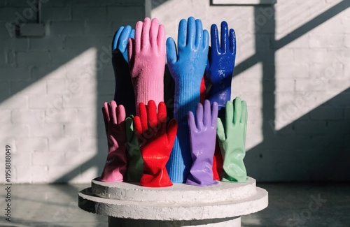 Background of multi-colored latex gloves.