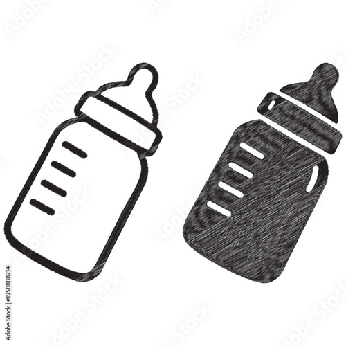 Two baby bottles one outline one scribbled black milk feeding infant