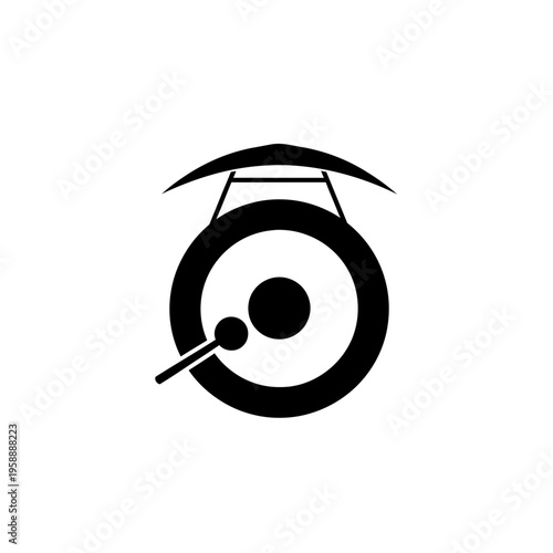 Simple and iconic black and white illustration of a traditional gong with beater, symbolizing music and ceremony