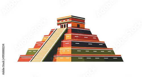 A colorful vector graphic illustration of a Mayan pyramid with a staircase, representing ancient architecture and cultural heritage.