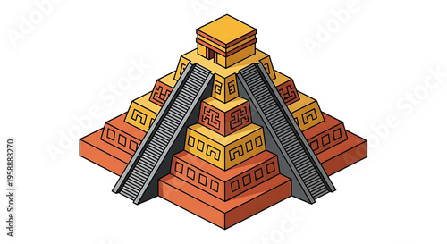A colorful vector illustration of an ancient Mayan pyramid with intricate designs and two staircases