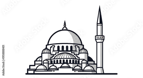 A minimalist vector illustration of a mosque with a dome and minaret in a flat design style