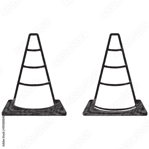 Two black and white traffic cones with textured outlines on white safety warning barrier