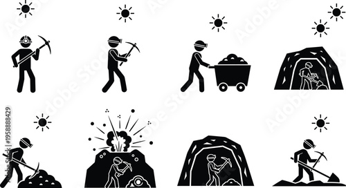Mining industry icons, underground miner silhouette, pickaxe worker, coal cart, excavation process, safety helmet, mining explosion, outdoor cave work illustration