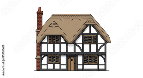A traditional English half-timbered house with a brown roof and red brick chimney