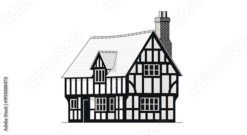 A black and white vector illustration of a traditional English half-timbered house with a steeply pitched roof and chimney.