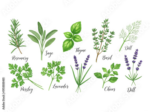 Collection of various fresh herbs displayed in a row