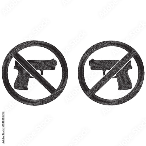 Two black gun prohibition signs with scribbled texture forbidden