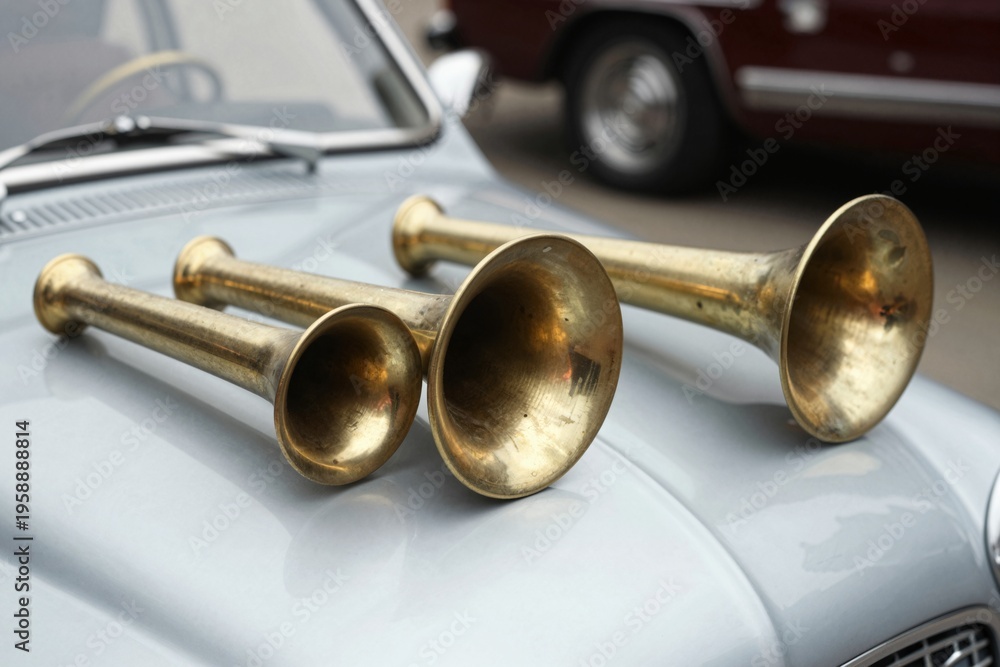 Obraz premium Vintage Car Horns on Classic Automobile