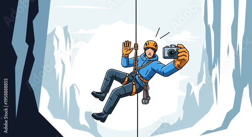 Adventurous Climber Capturing a Thrilling Selfie Mid-Descent